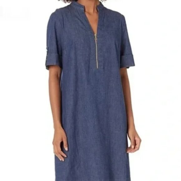 NEW Anne KLein STEFFI Dress Sz 2 Blue Chambray Denim Silver Zipper Roll Tab SLv - Picture 5 of 7